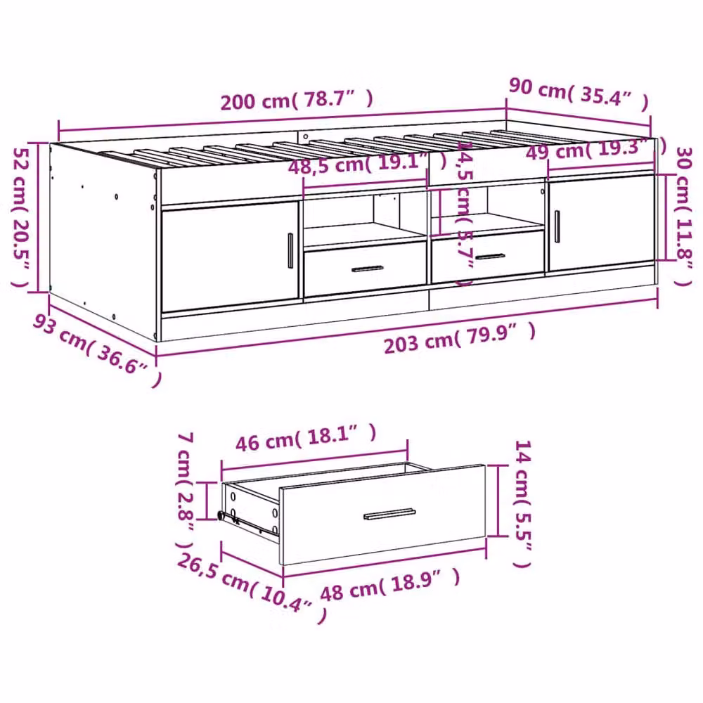 Berkfield Home Modern Daybed with Drawers in Concrete Grey, W/D/H: 90 x 200 cm – 3