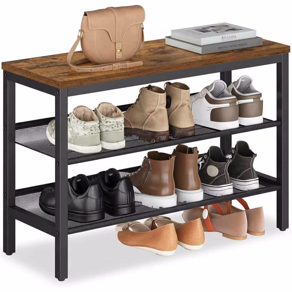The Bazaarist Industrial 3 Tier Shoe Rack Bench in Brown and Black – 2
