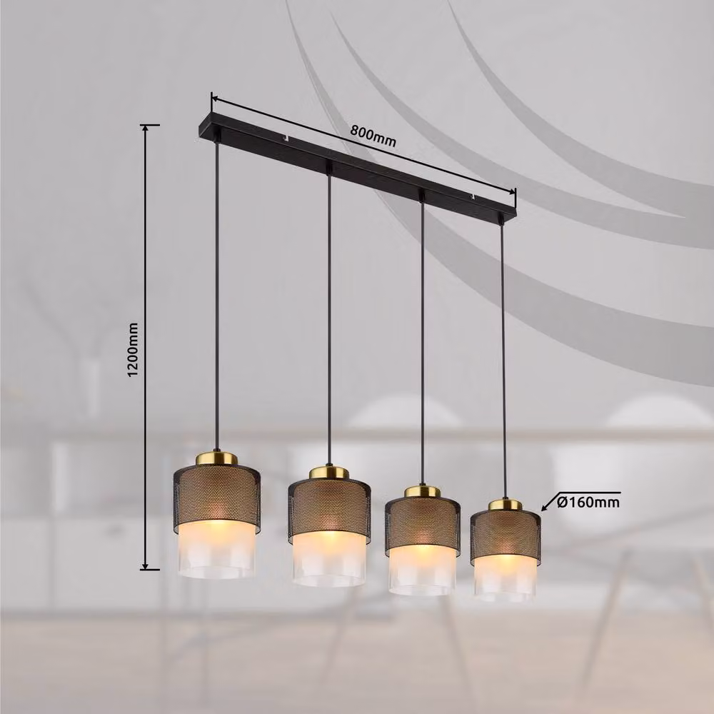 Netlighting Olga Bar Pendant Ceiling Light in Black with Transparent Glass Shade, 4x E27, Height Adjustable – 3
