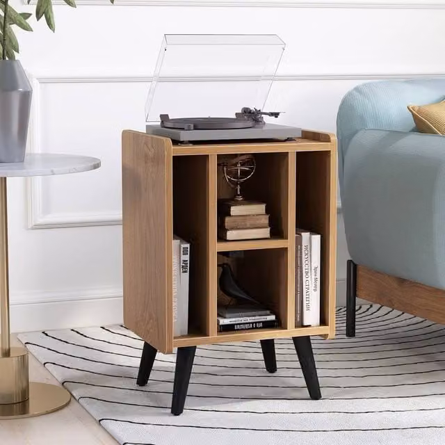 FORGEVIO Record Storage Turntable Stand with Power Outlet, Brown, W/D/H: 67 x 34 x 34 cm – 1