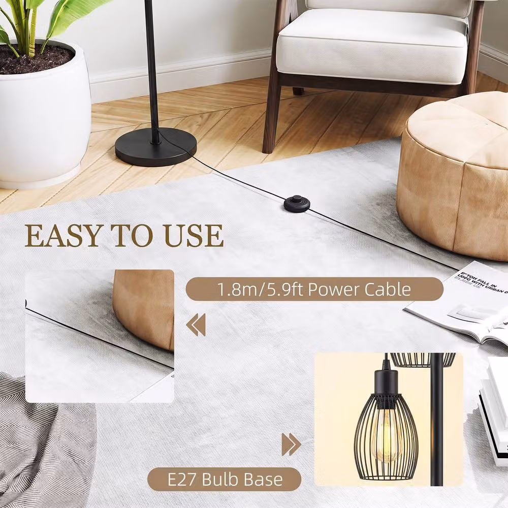 HOMCOM Industrial 3-Light Floor Lamp with Metal Lampshades in Black – 5