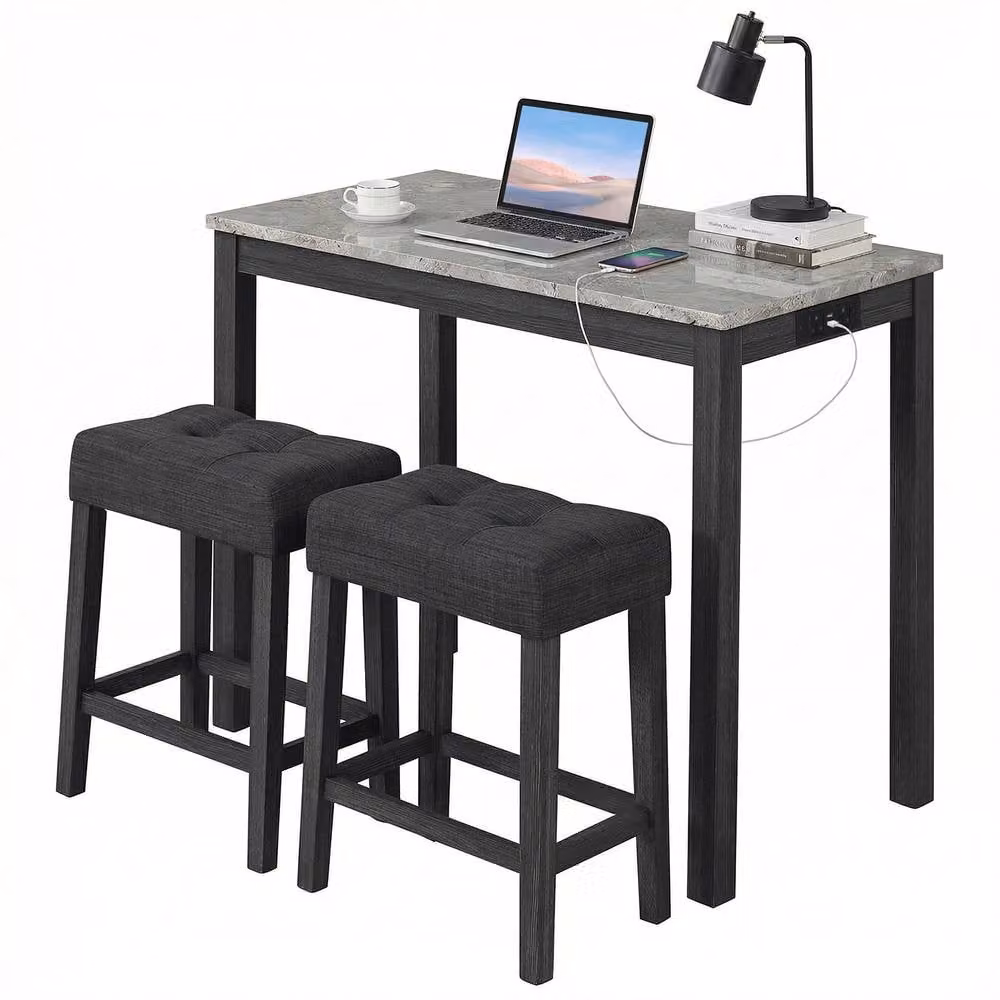 Costway Faux Marble Bar Table Set with Charging Station and 2 Padded Stools in Grey – 5