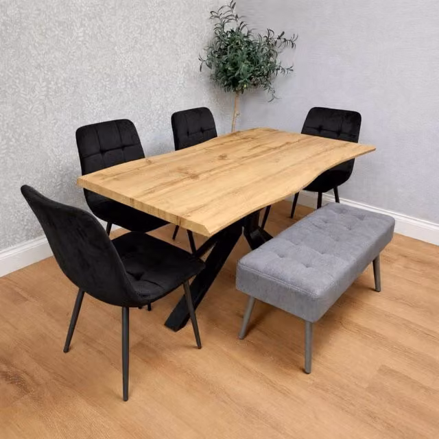KOSY KOALA Modern Wood Dining Set with Grey Velvet Chairs and Grey Velvet Bench in Black