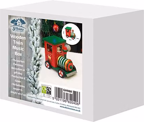 St Helens Home & Garden Mechanical Wooden Train Music Box in Multicolour Red and Green – 9