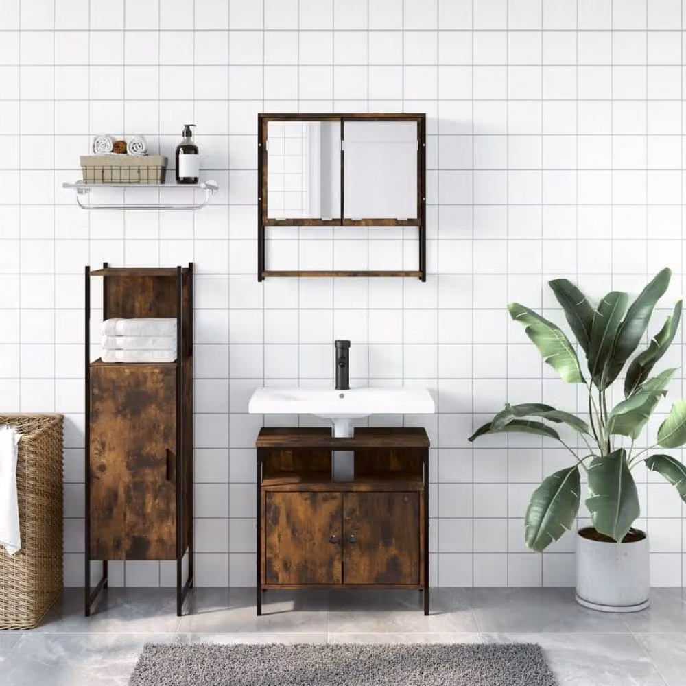 Berkfield Home 3 Piece Industrial Bathroom Furniture Set in Smoked Oak Brown – 2