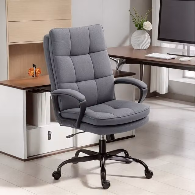 HOMCOM Charcoal Grey Fabric Upholstered Swivel Task Chair with Armrests and Castors for Home Office