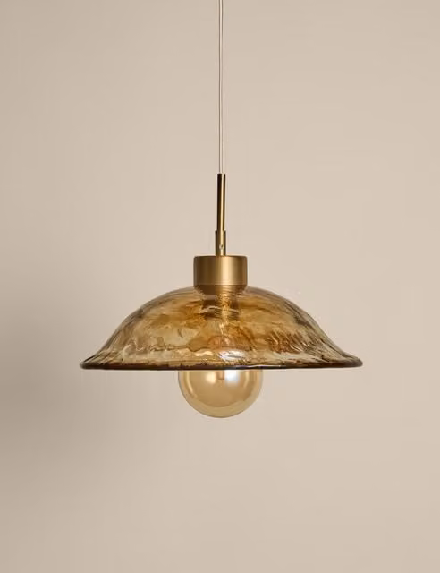 M&S Modern Brown Wavy Glass Dome Pendant Light with Brass Metal Details