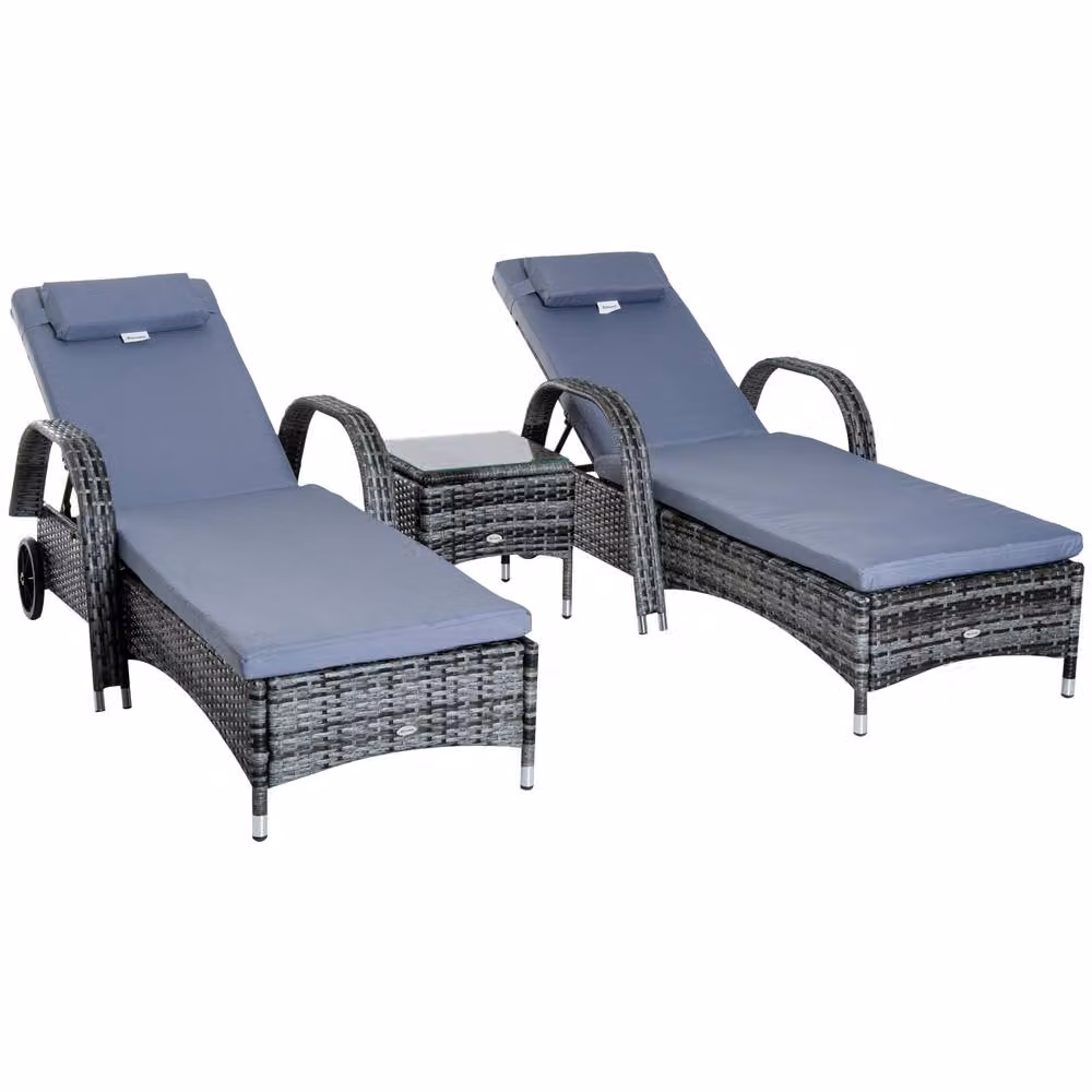 OUTSUNNY 3 Piece Grey Polyrattan Garden Furniture Set with Rattan Loungers and Side Table – 2