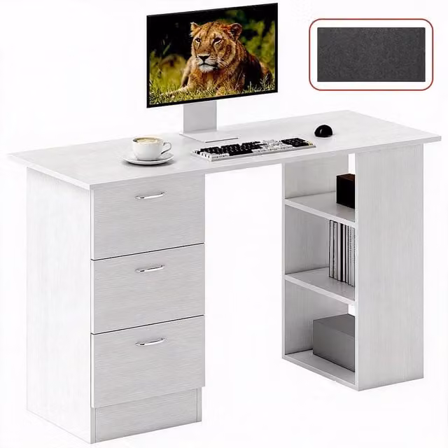 KORVIXA White Computer Desk with 3 Shelves and Drawers, W: 120 cm – 1