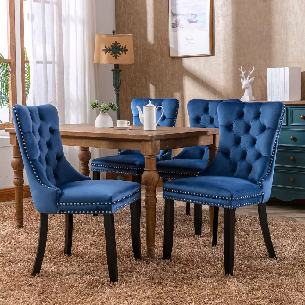 HomeTouch Romsey Set of 6 Blue Velvet Upholstered Dining Chairs with Oak Legs and Knocker Ring Back – 2