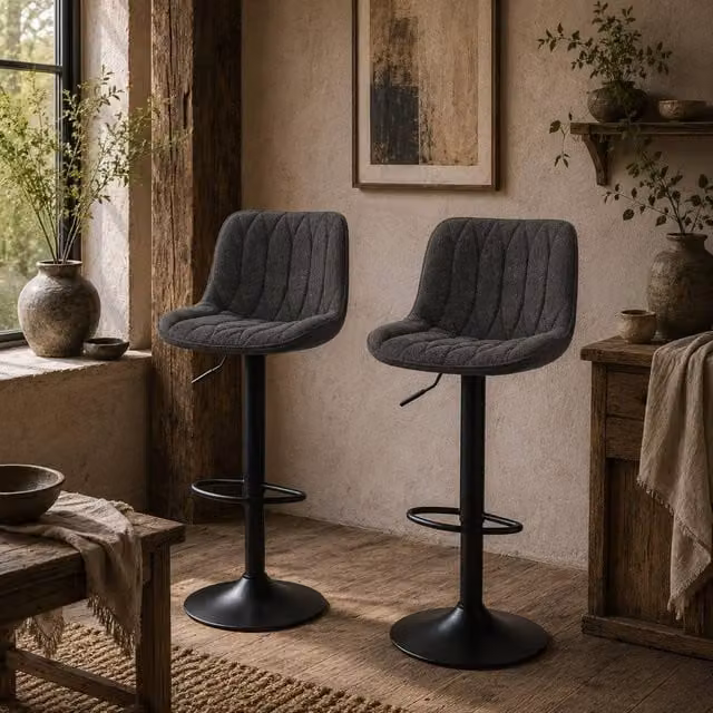Wyld Haus Likaha Set of 2 Adjustable Swivel Bar Stools in Anthracite Grey Linen Look Fabric – 1