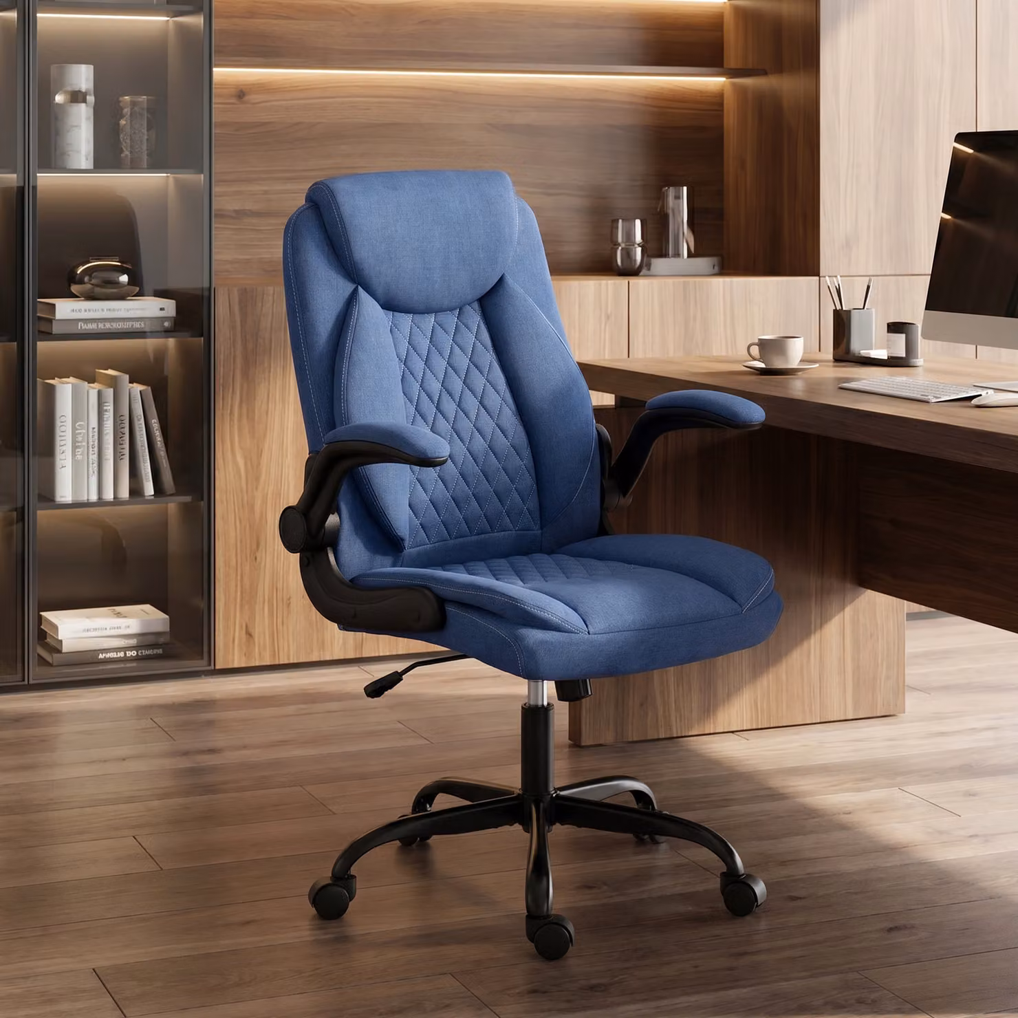 HOMCOM Blue Linen-Look Executive Office Chair with Flip-Up Armrests and Thick Cushion – 7