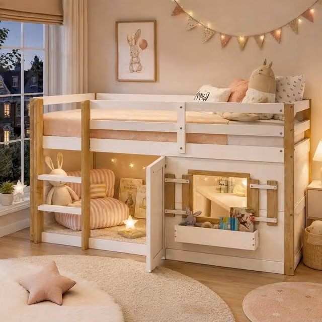 BTM Kids Single Loft Bunk Bed with Play Area and Side Compartments in White, W/D/H: 90 x 190 cm – 1