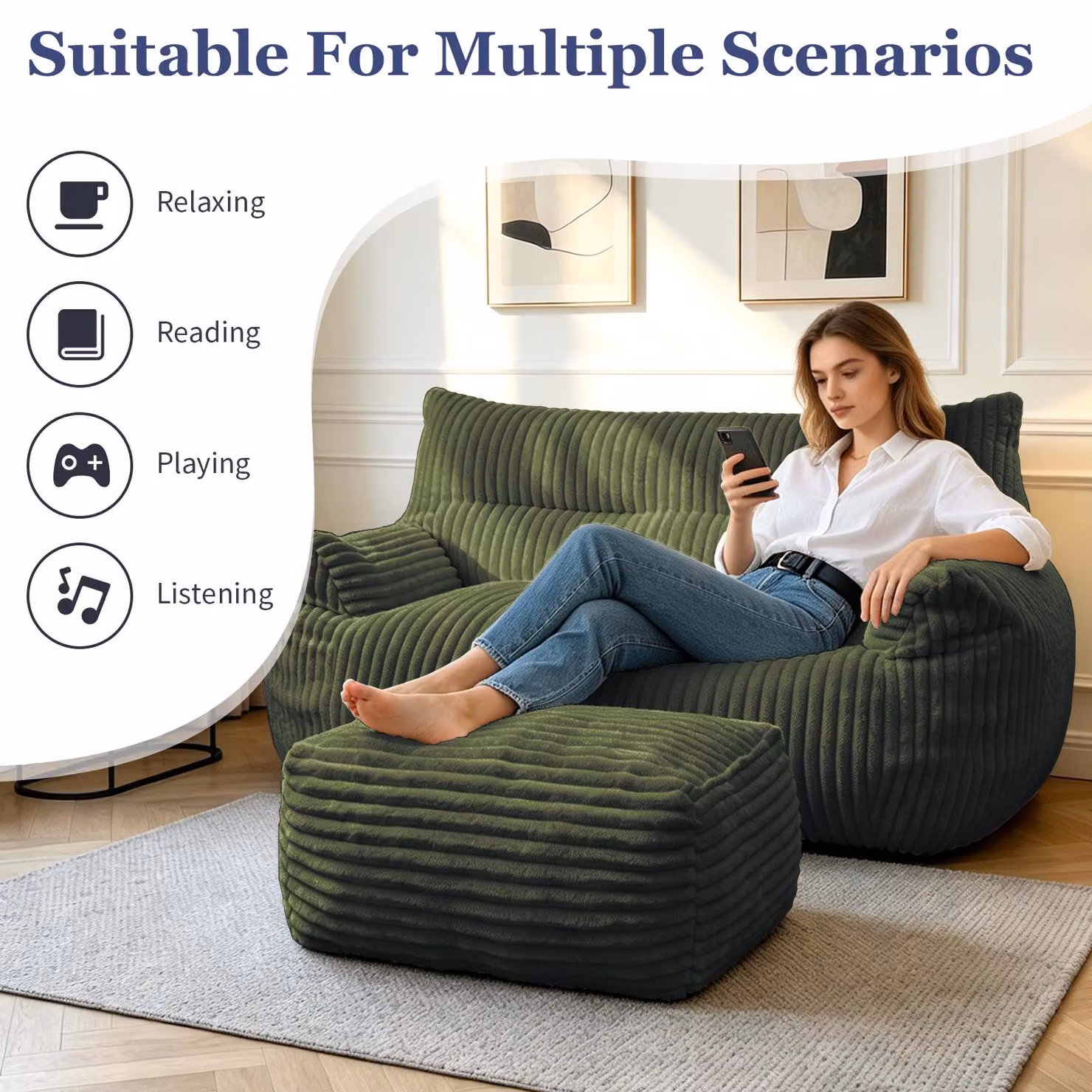 Aosom UK Oversized 2-Seater Corduroy Sofa with Matching Ottoman, Green, W/D/H: 135 x 100 x 75 cm – 3