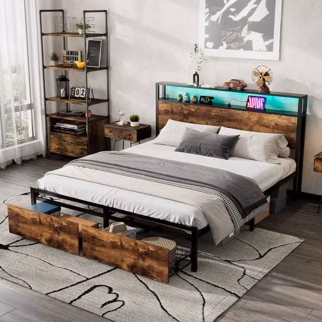Merax Double Industrial Metal Bed Frame with Storage Drawers and LED Headboard in Black, W/D/H: 140 x 200 x 135.5 cm