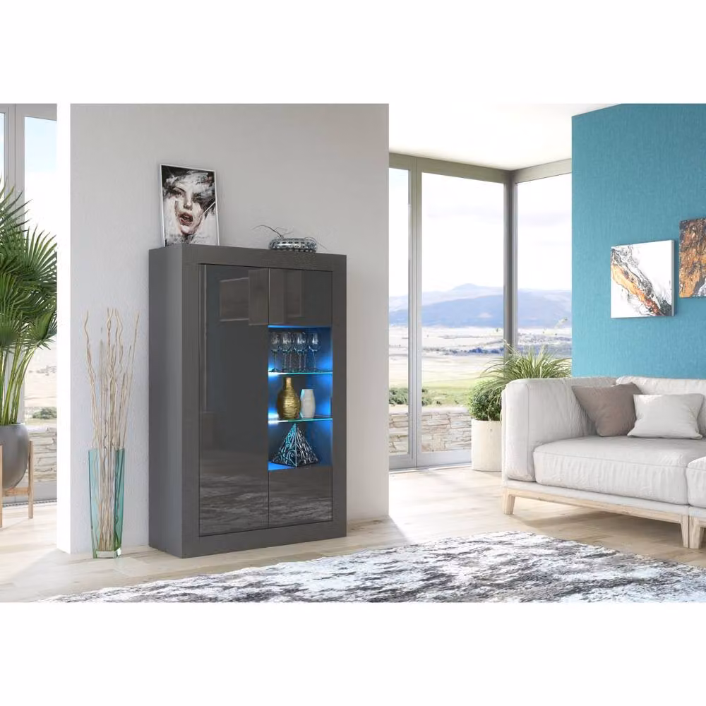Mex Furniture LTD Arcadia Display Cabinet in Dark Grey with Glossy Glass Doors and Integrated LED Lighting – 2