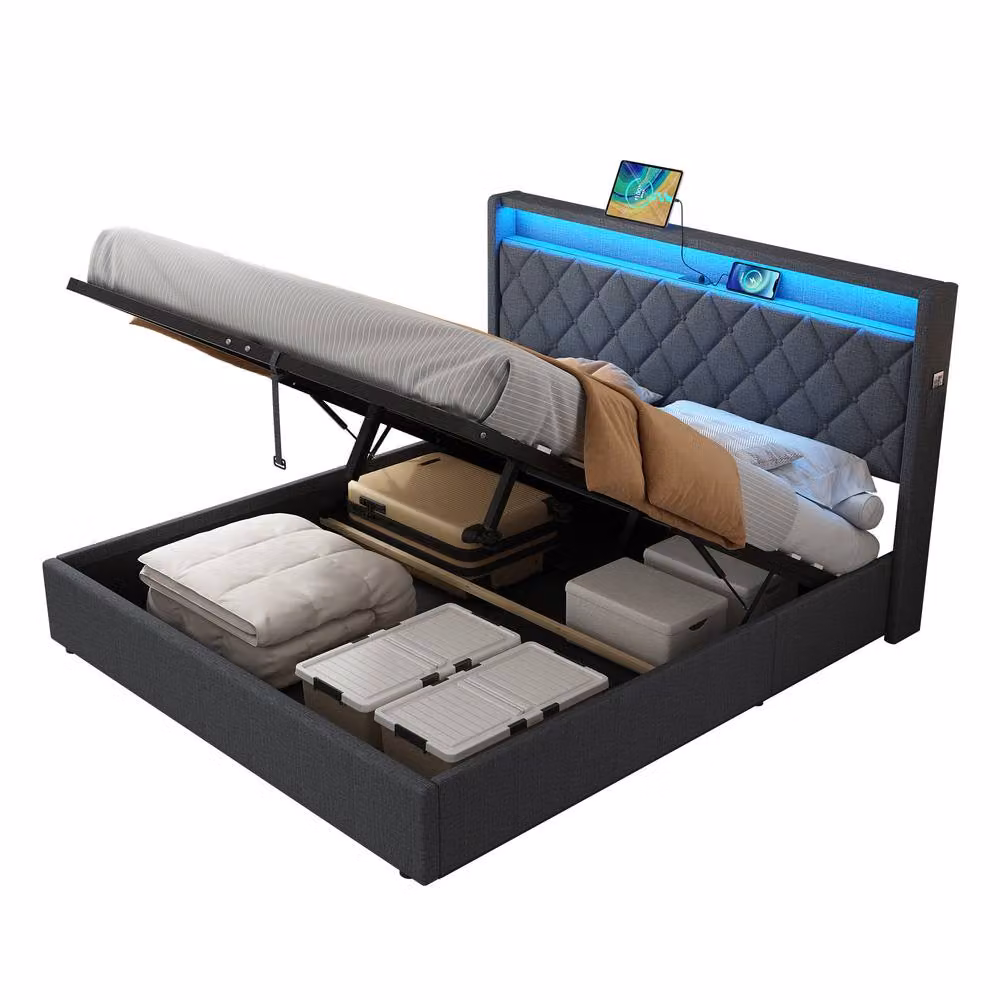 Matteo Grey Linen Double Ottoman Bed Frame with Hydraulic Storage, LED Lighting and USB Charging Port – 8
