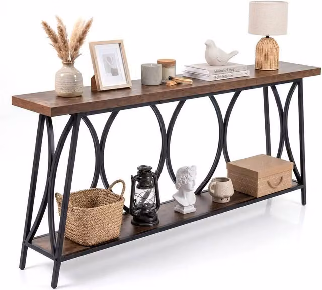 Havendro Industrial Brown Sofa Table with Storage and X-Frame Metal Design, W/D/H: 180 x 29.5 x 80 cm – 1