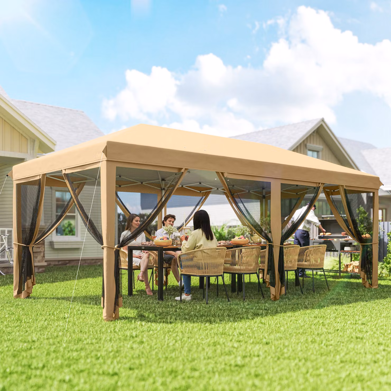 Outsunny Pop Up Gazebo Outdoor Canopy Shelter and Marquee Party Wedding Tent with 6 Mesh Walls and Carry Bag, Beige, W: 6 m, D: 3 m, H: 2.7 m – 2