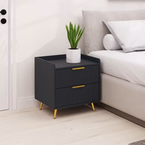 HOMCOM Modern Bedside Table with 2 Drawers and Metal Legs in Black and Gold, W: 40 cm, D: 40 cm, H: 50 cm – 2