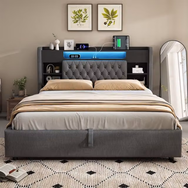 Aosom UK Super King Upholstered Bed with Hydraulic Storage and LED Lighting, Grey, H 115 x W 188 x D 223 cm