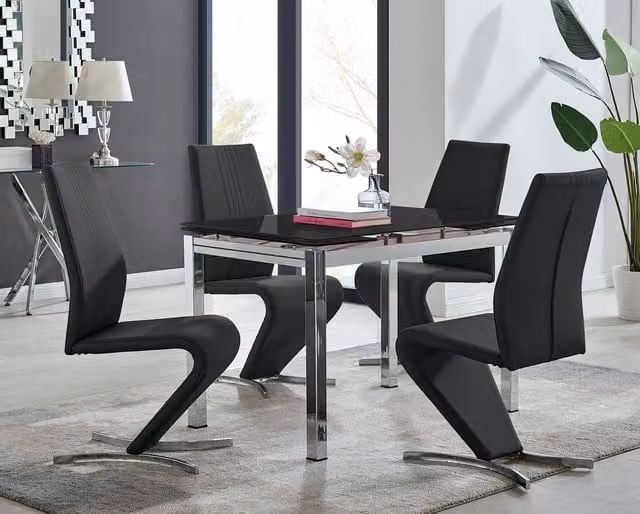 FurnitureboxUK Enna Black Glass Extending Dining Table and 4 Willow Chairs Set