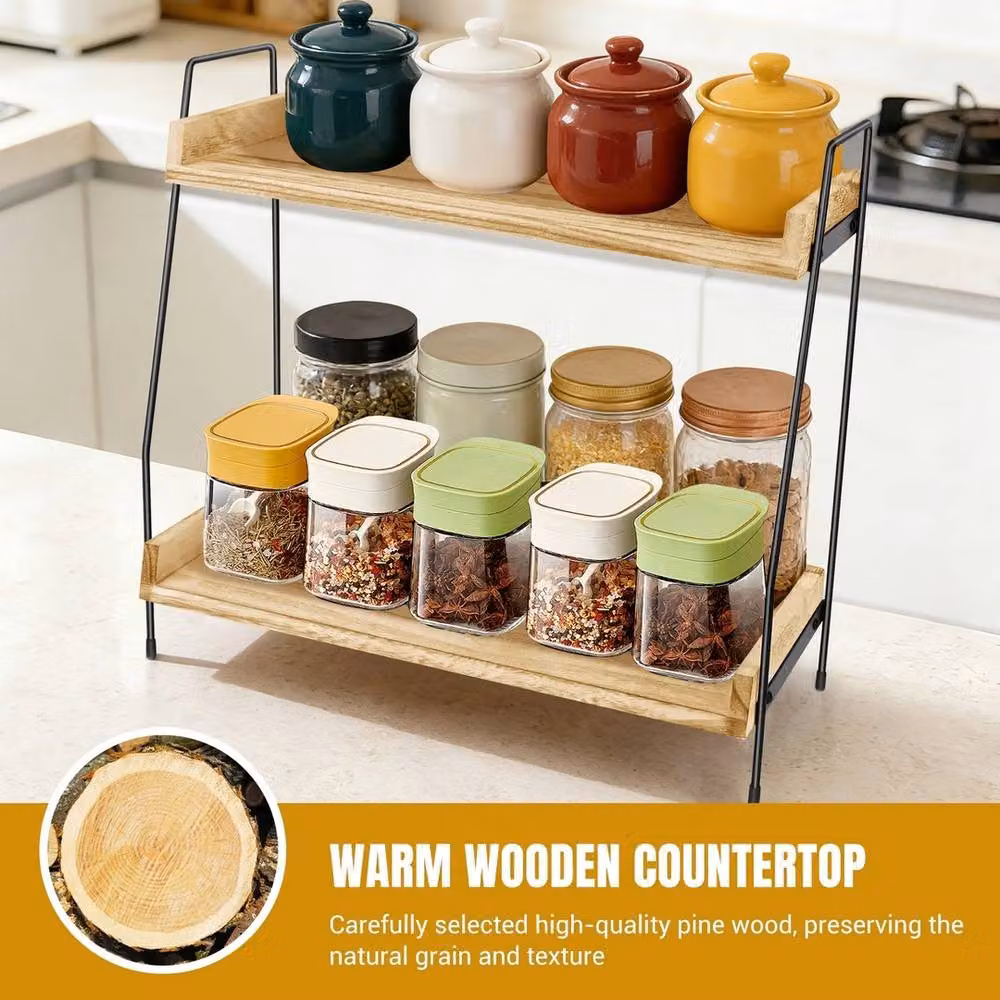 VOGREX 2-Tier Wooden Coffee and Tea Station Storage Rack in Beige, W/D/H: 38 x 19 x 37 cm – 3