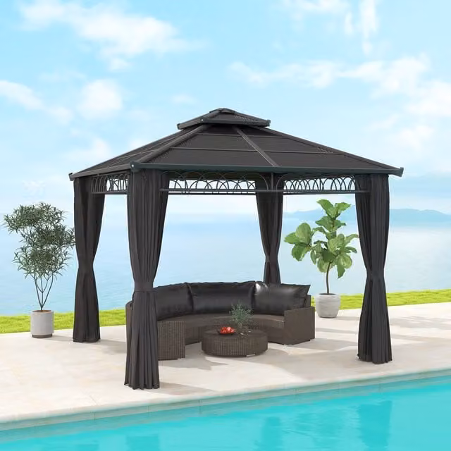 Outsunny Hard Top Gazebo with Netting Curtains in Dark Grey, W/D/H: 300 x 300 x 300 cm