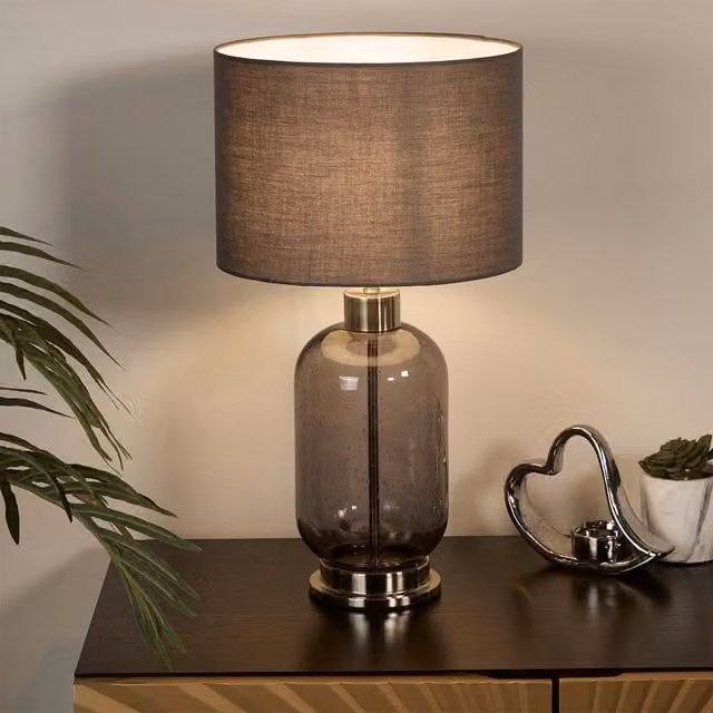 Lighting Collection Modern Smoke Glass and Metal Table Lamp in Silver and Grey – 1