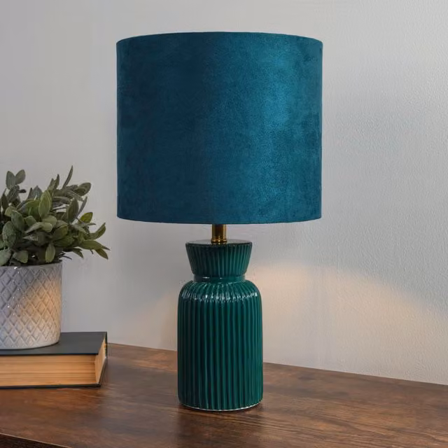 Lighting Collection Emerald Green Ceramic Table Lamp with Fabric Shade