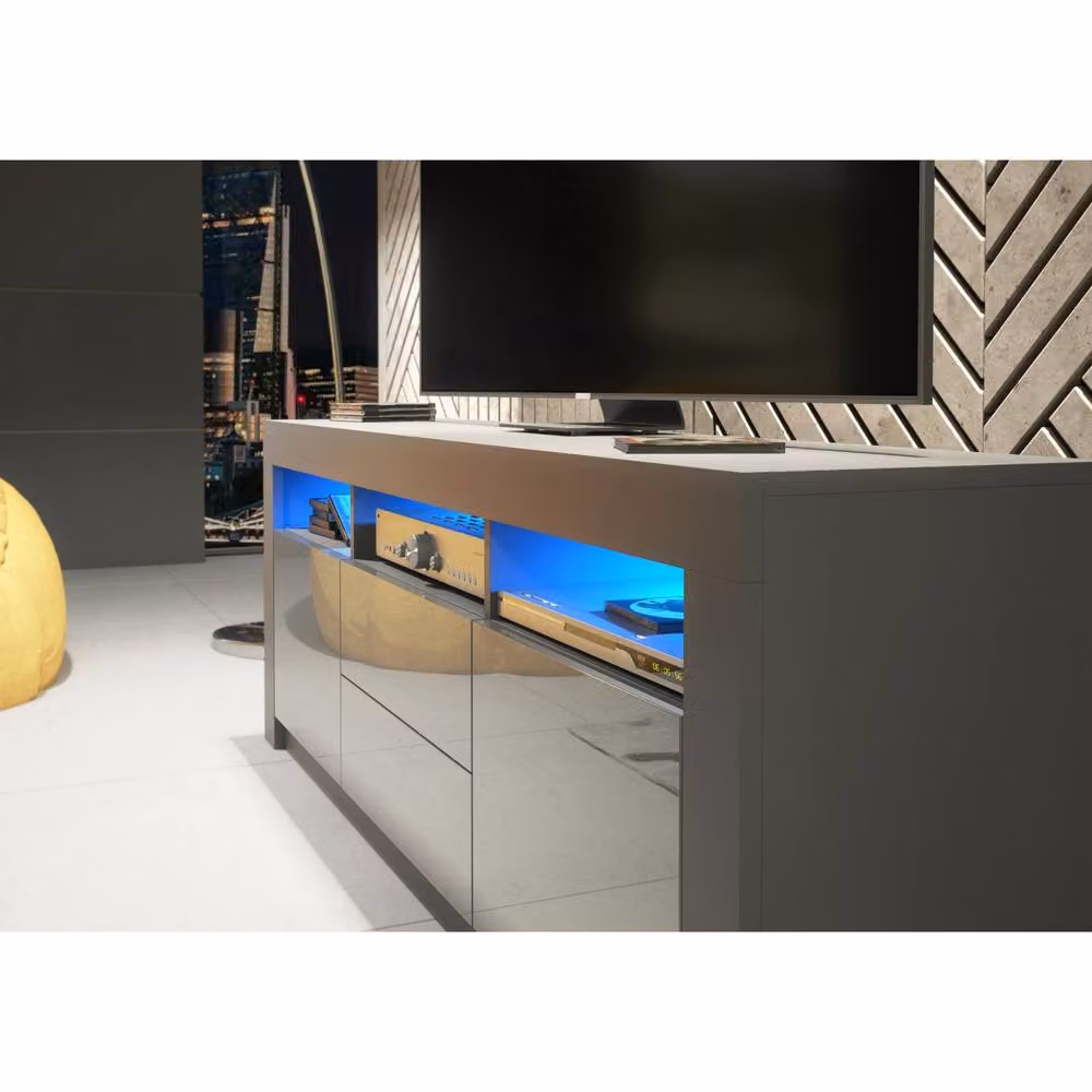 Mex Furniture LTD Shine TV Unit in Dark Grey with Glossy Doors and LED Lights, W: 160 cm, H: 60 cm, D: 35 cm – 3