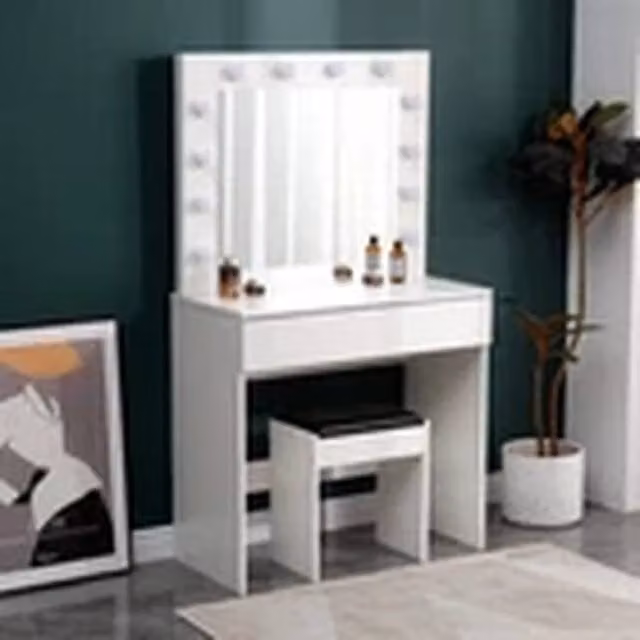 EONLION Modern White Dressing Table Set with LED Hollywood Mirror and Stool