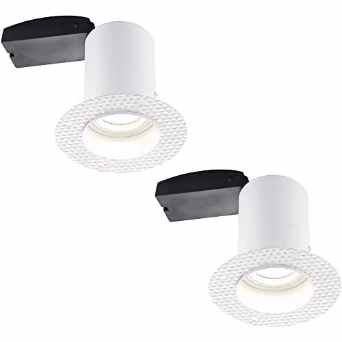 Loops 2 Pack White Plaster-in Recessed Ceiling Downlight, Dimmable GU10 LED Compatible, Trimless Aluminium and Metal Design