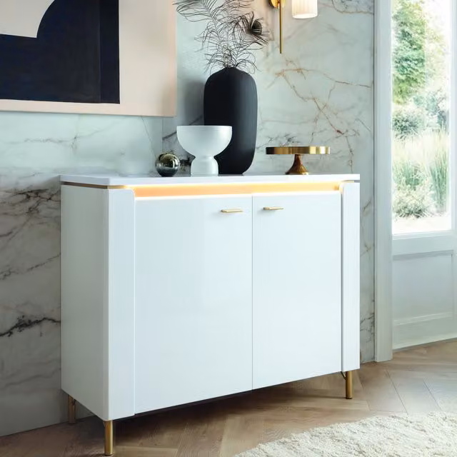 Furniture To Go Lazio 2 Door Sideboard in White Gloss with Integrated Lighting and Gold Details