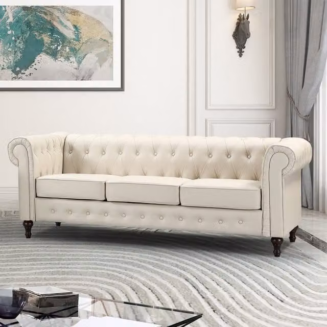 Artemis Home Richland 3 Seat Chesterfield Sofa in Beige Synthetic Leather