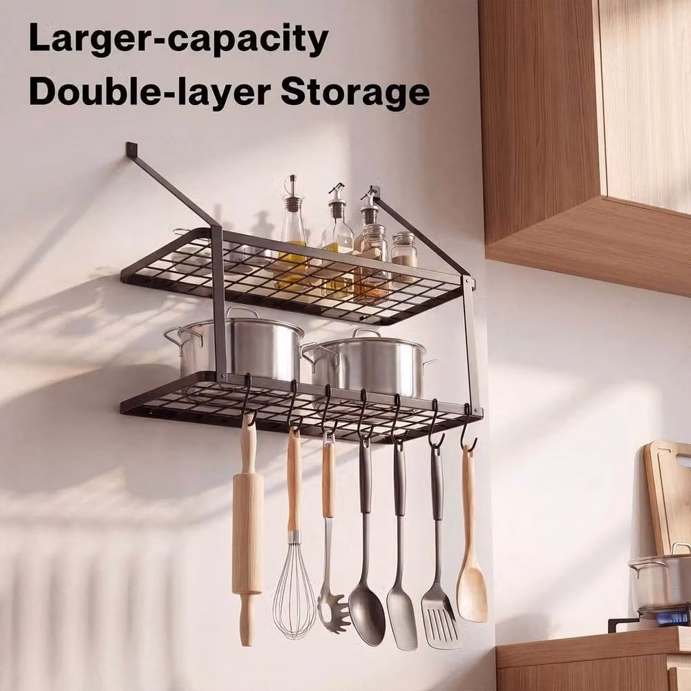 Kelvenix 2 Tier Wall Mounted Metal Pot Pan Rack in Matt Black – 2