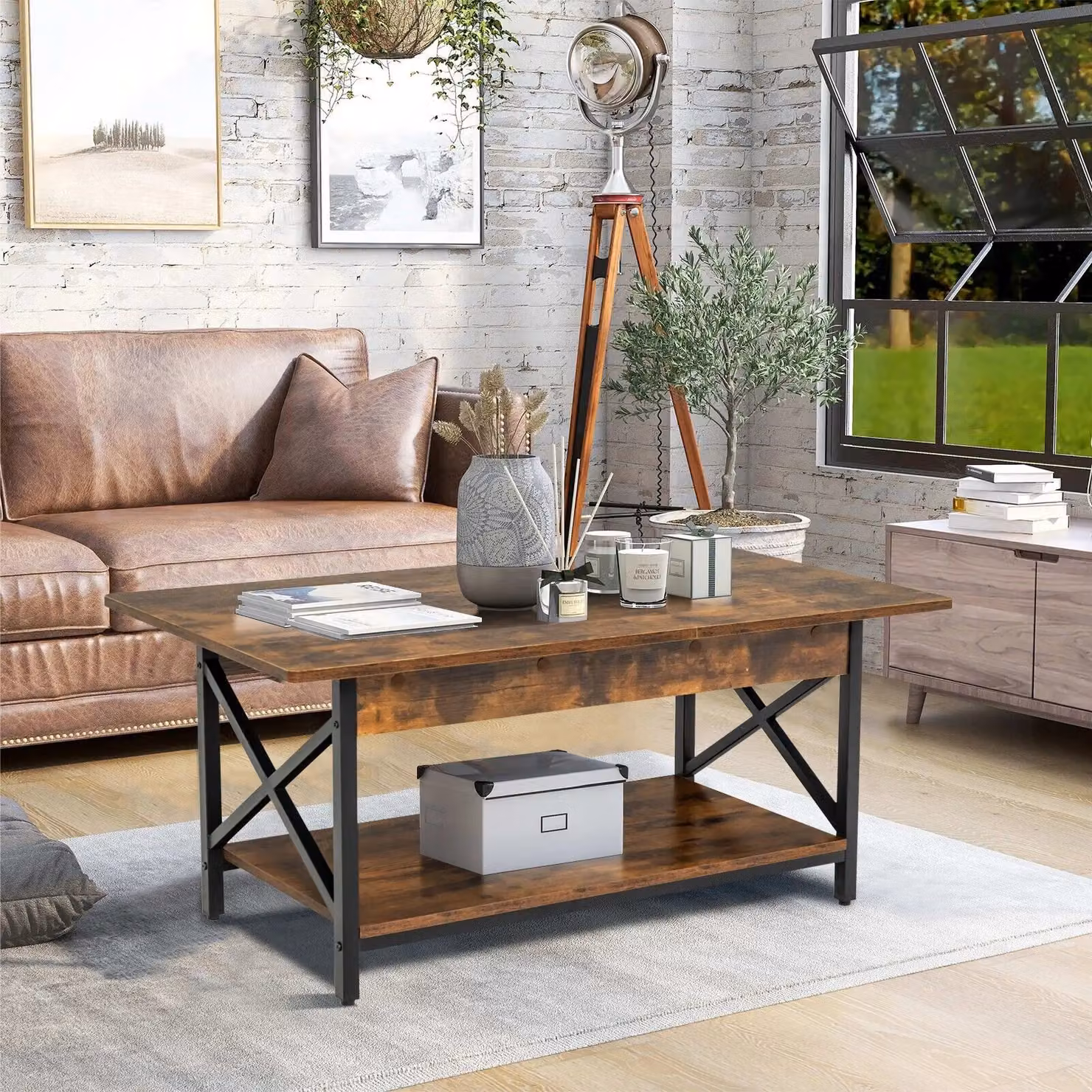 Costway 2-Tier Industrial Coffee Table with Storage Shelf in Brown – 4