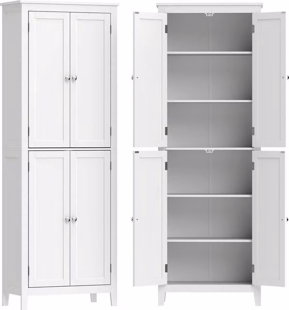 HOMCOM White Freestanding Narrow Bathroom Storage Cabinet with Hinged Doors and Adjustable Internal Shelves, Height: 170 cm – 1