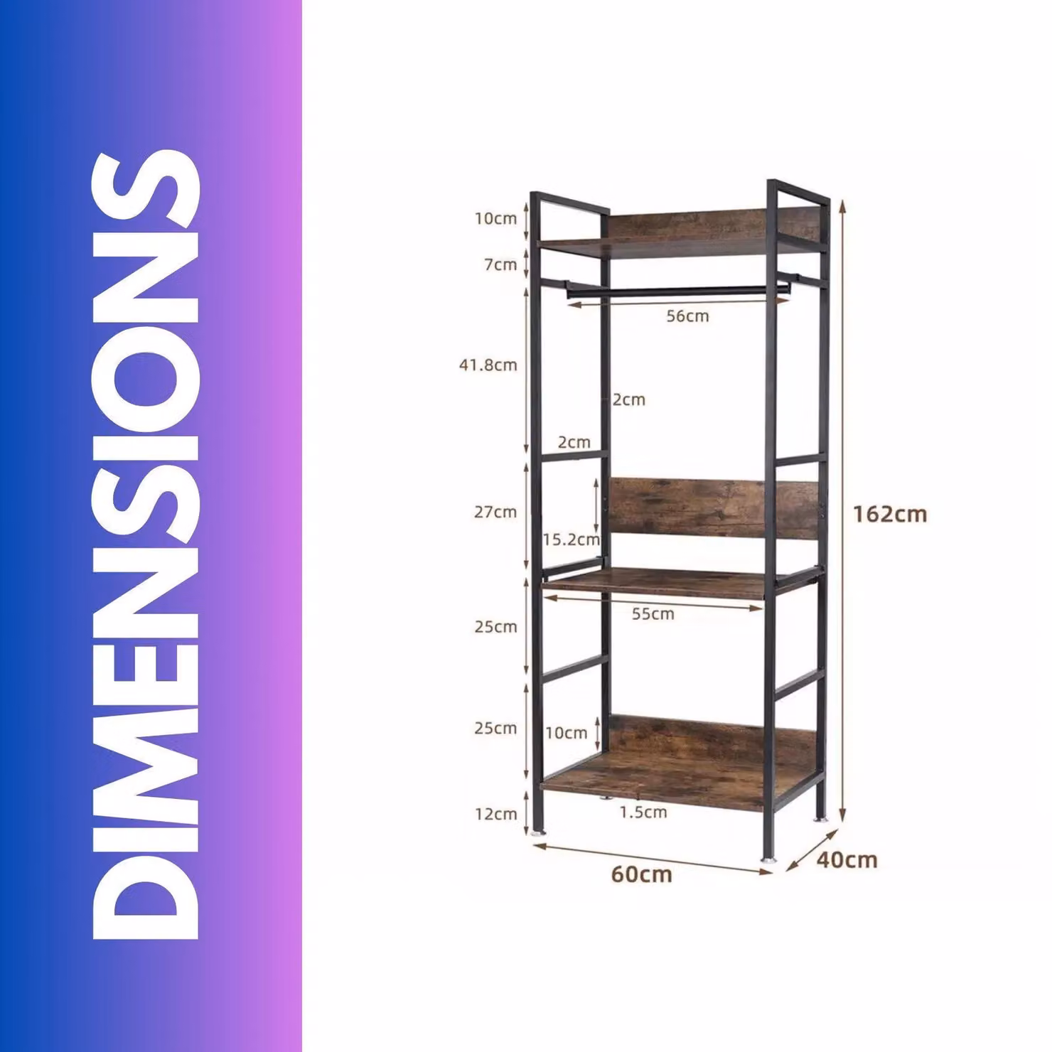 FURNOS Industrial Heavy Duty Metal and MDF Open Wardrobe with Shelves in Dark Brown, H 162.0 cm x W 60.0 cm – 2