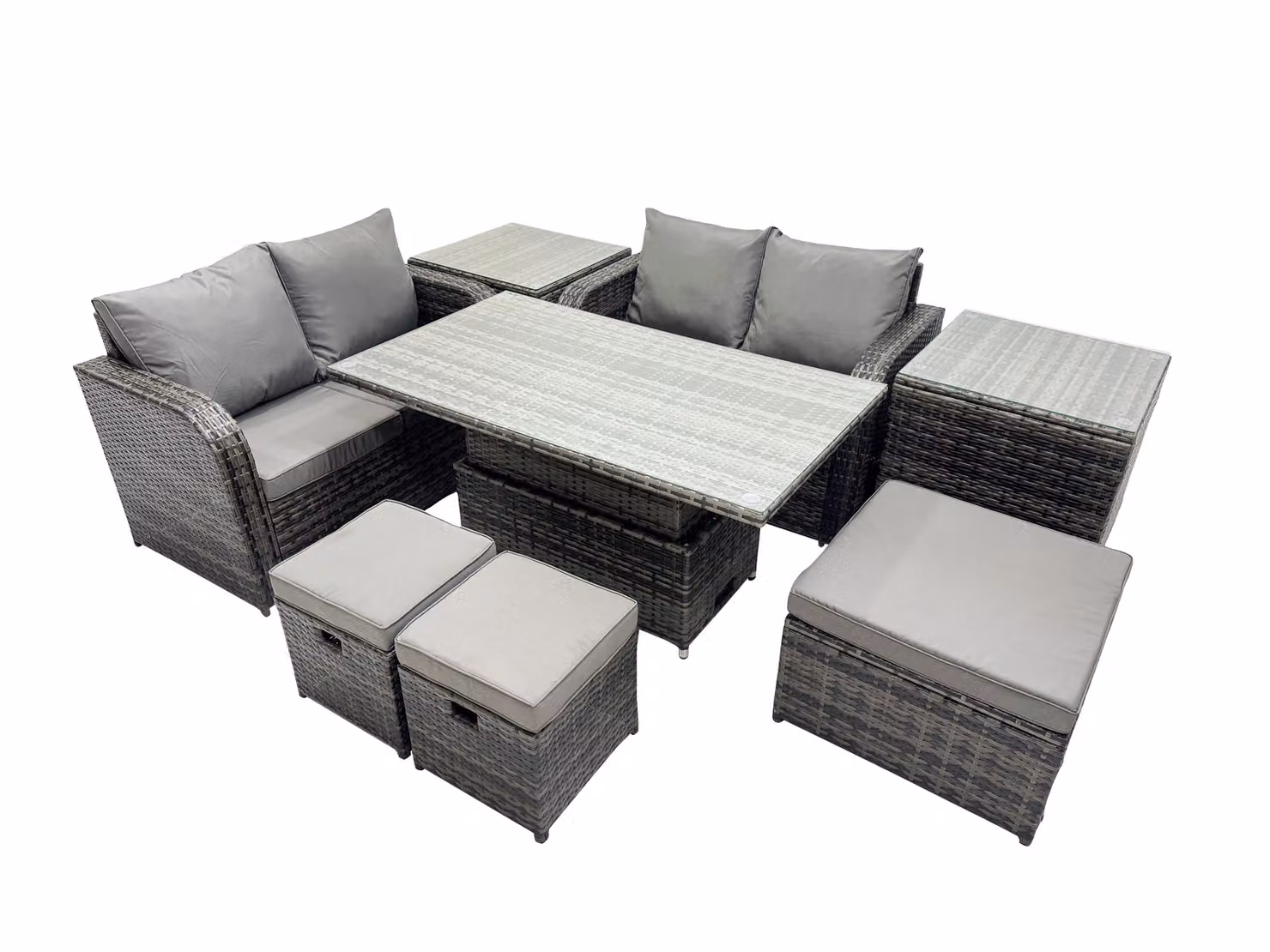 Fimous 7-Seater Rattan Garden Furniture Dining Set with 2 Side Tables and 3 Stools in Dark Grey – 2