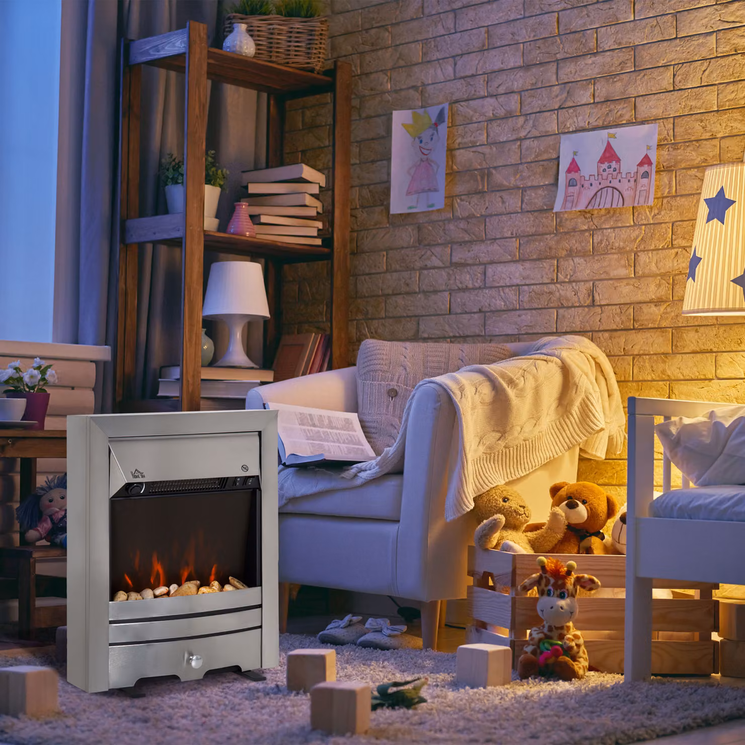 HOMCOM 2KW Electric Fireplace with Pebble Burning Effect and LED Lighting in Silver Stainless Steel – 2