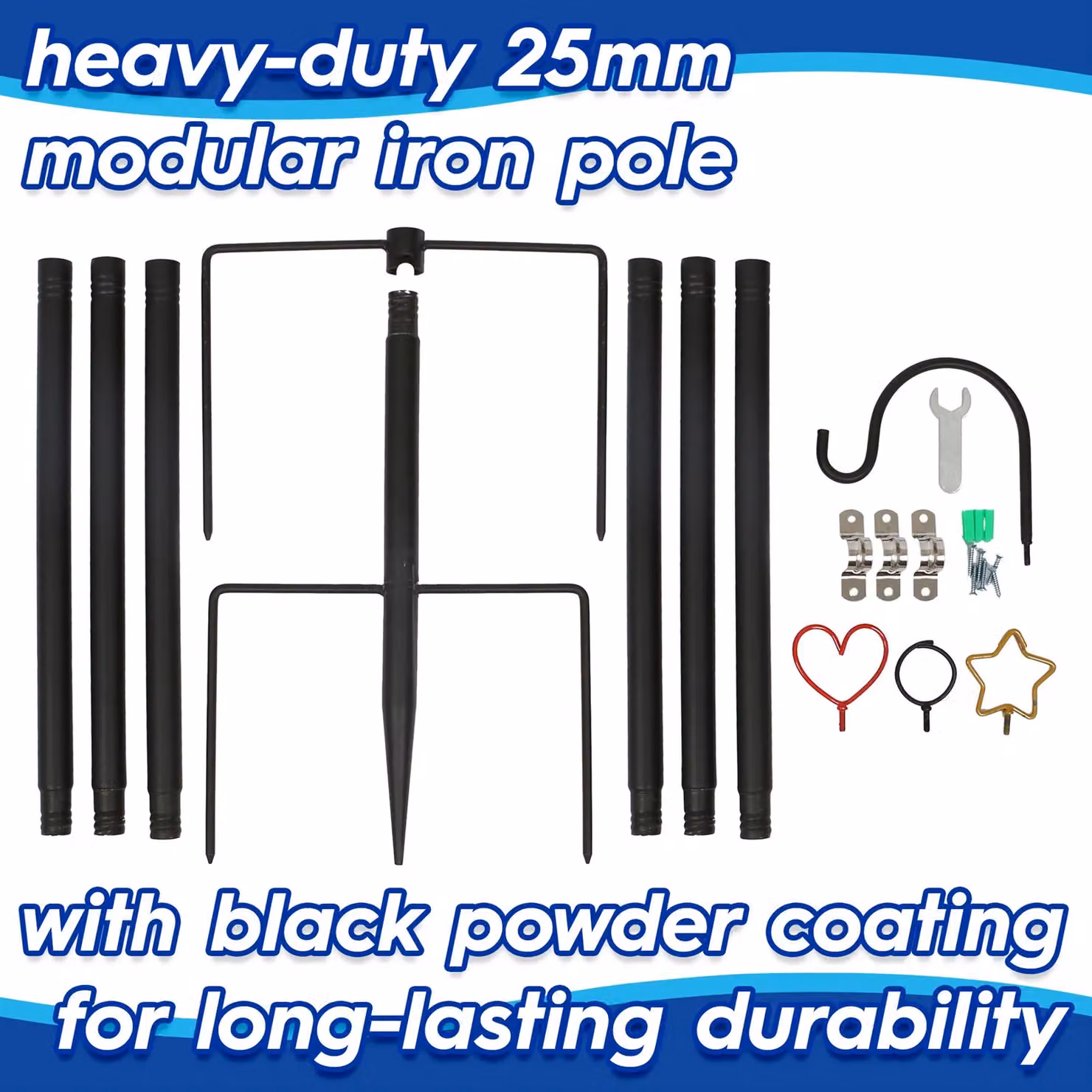 Harbour Housewares Black Metal Outdoor Iron Festoon Wall Poles, Pack of 6, Height: 0.6-2.5 m – 2