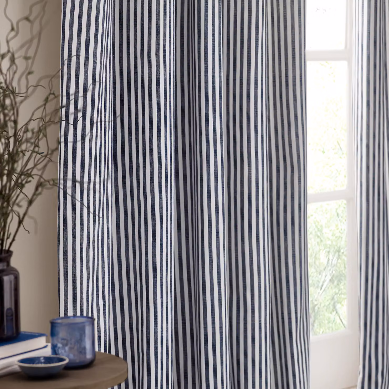 Yard Hebden Striped Blue Cotton Lined Pencil Pleat Curtain Pair, Width: 229 cm, Drop: 229 cm – 2