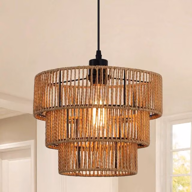 NIVOR Boho Rattan Pendant Light, Brown Farmhouse Chandelier for Living or Dining Rooms