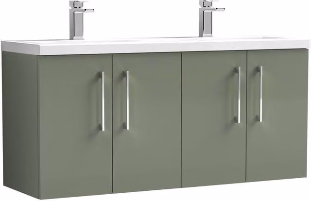 Balterley Wall Hung 4 Door Double Basin Vanity Unit with LED Lighting, Matt Green, W/D/H: 120.5 x 38.3 x 58.0 cm