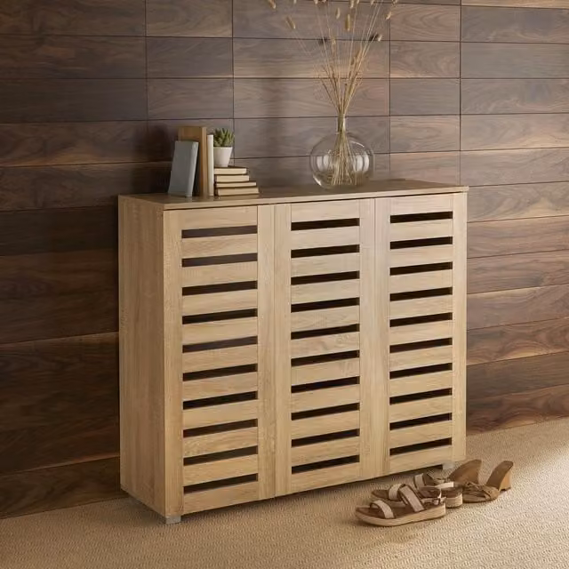 Home Source Oslo 3 Door Shoe Storage Cabinet Unit with Slatted Doors in Light Oak