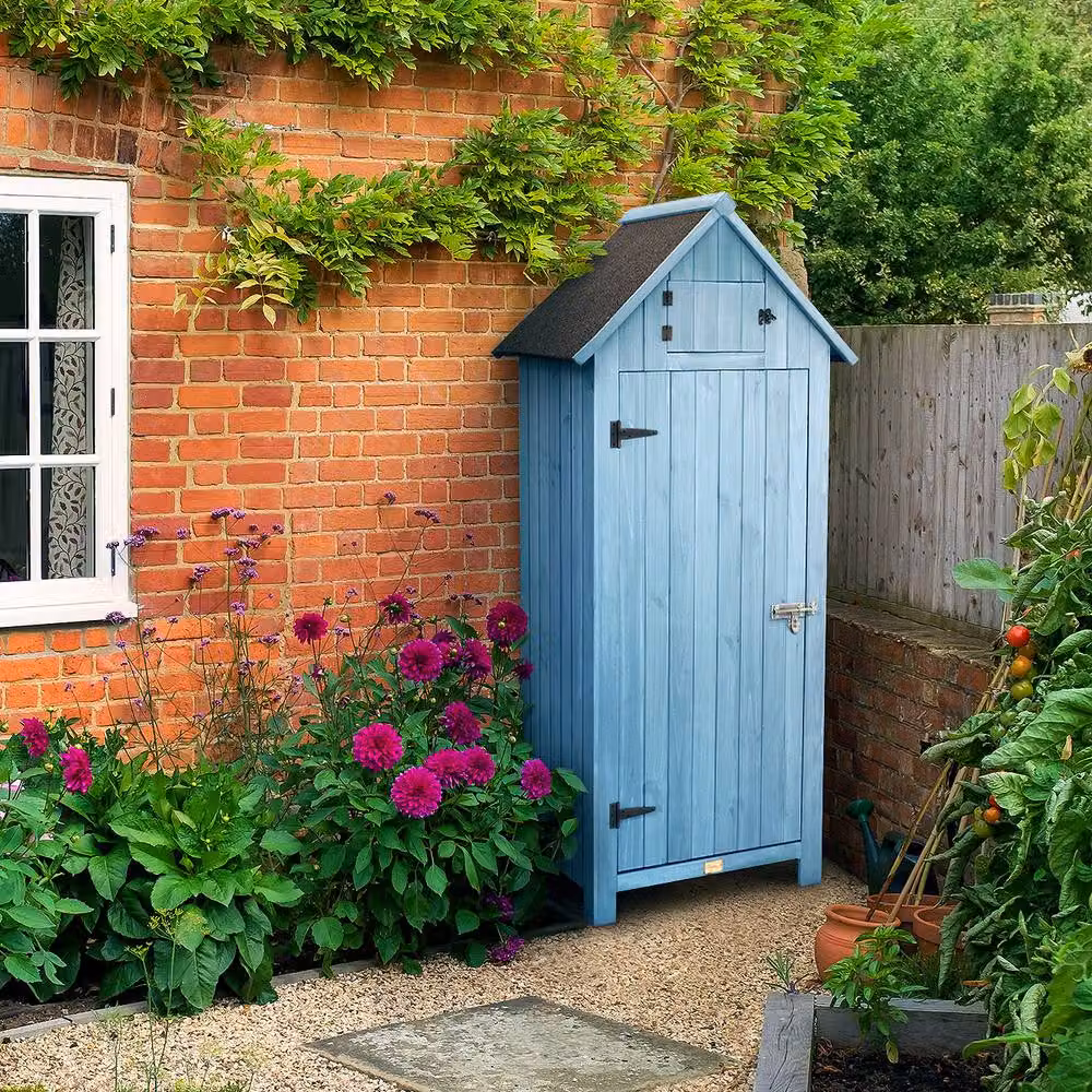 Christow Blue Wooden Slim Compact Garden Storage Shed with Lockable Single Door, H: 179.5 cm, W: 54.2 cm, D: 77.5 cm – 2