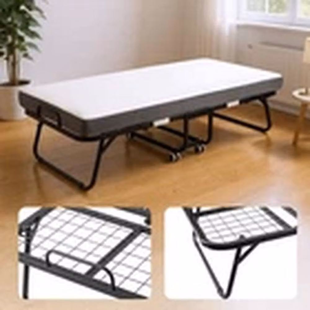 EONLION Single Folding Rollaway Bed with 10cm Memory Foam Mattress and White Metal Frame – 3