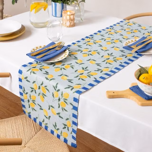 Make it a Home Blue Striped Mediterranean Lemons Indoor-Outdoor Weatherproof Table Runner, Length: 230 cm