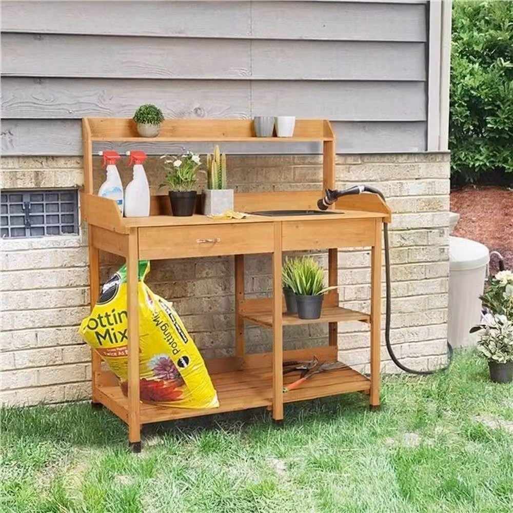 PAWNORA Rustic Wood and Plastic Potting Bench in Brown – 3